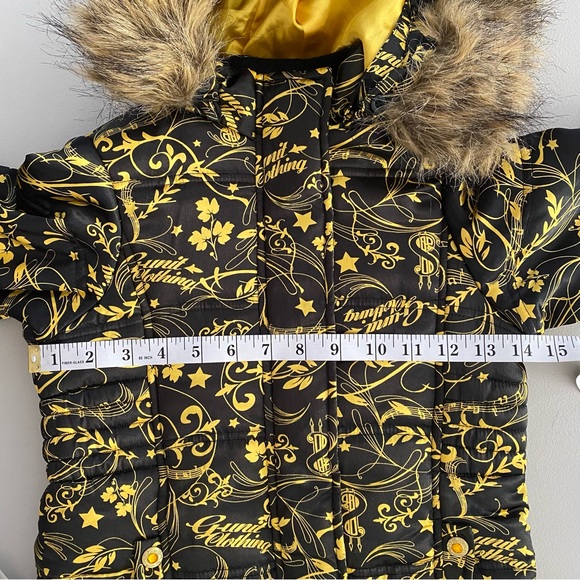 G-Unit Faux Fur Trim Hood Long Sleeves Gold & Black Puffer Jacket Girl’s Size XS - Picture 11 of 16